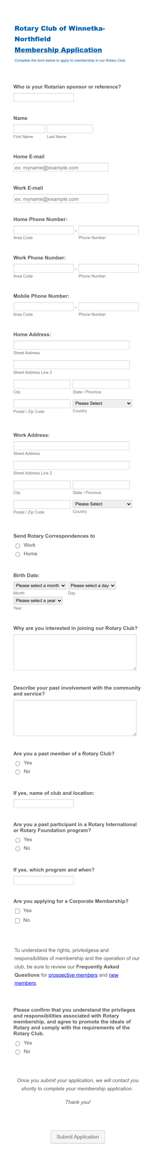 Rotary Club Membership Application Form Template