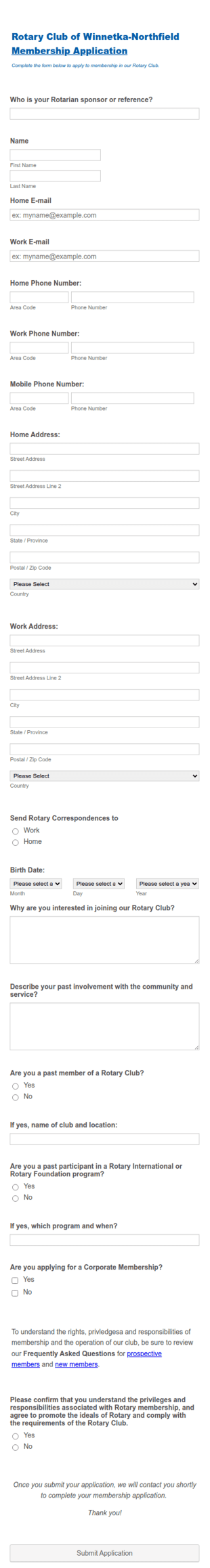 Rotary Club Membership Application Form Template