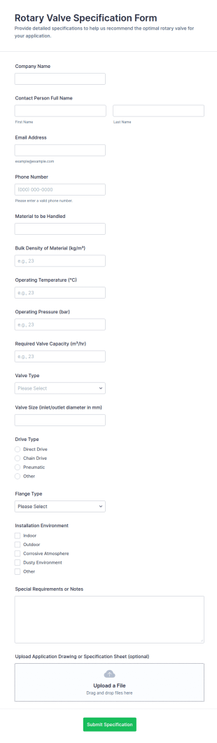 Rotary Valve Specification Form Template