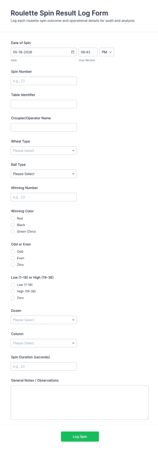 Roulette Spin Result Log Form Template