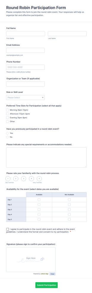 Round Robin Participation Form Template