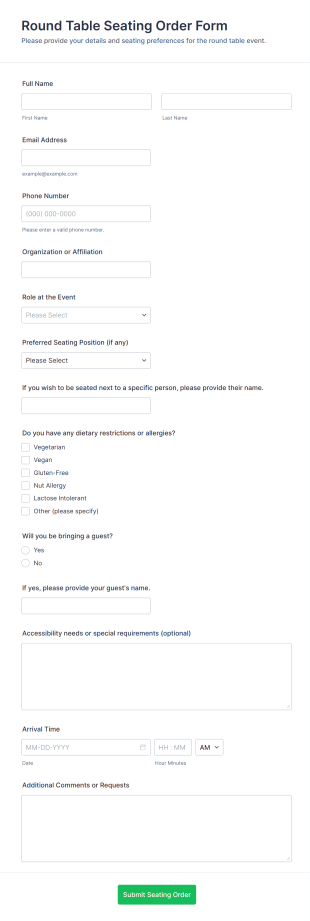 Round Table Seating Order Form Template