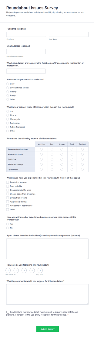 Roundabout Issues Survey Form Template