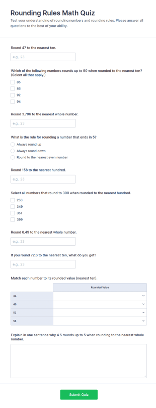 Rounding Rules Math Quiz Form Template