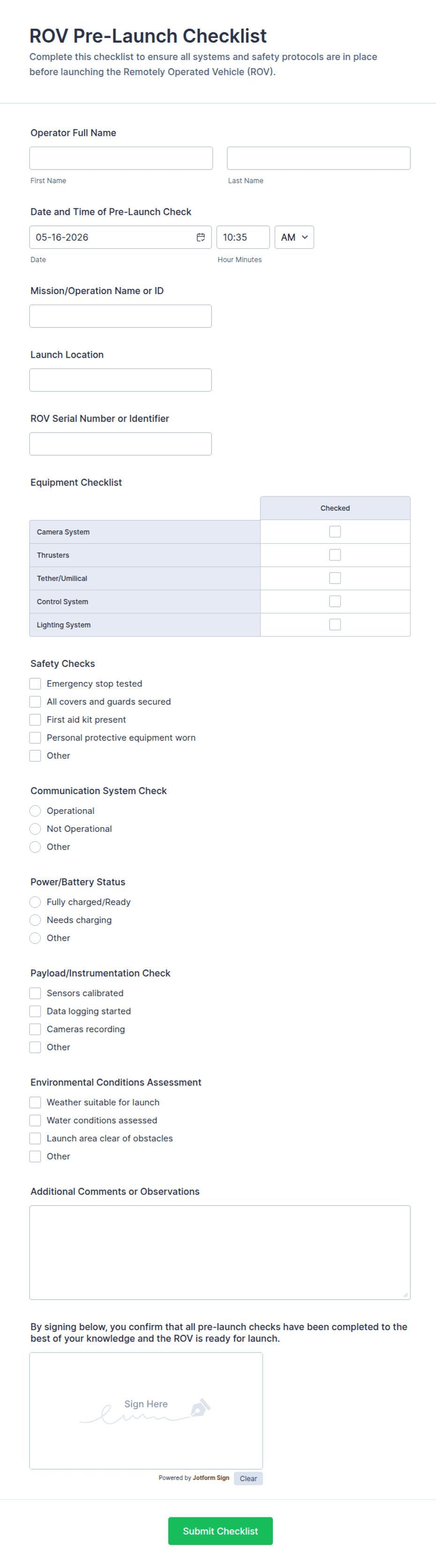 ROV Pre-Launch Checklist Form Template | Jotform