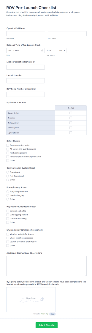 ROV Pre Launch Checklist Form Template