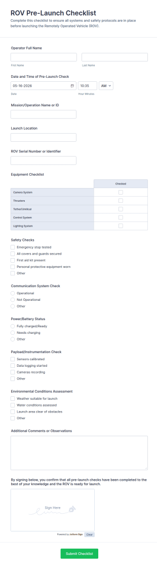 ROV Pre Launch Checklist Form Template