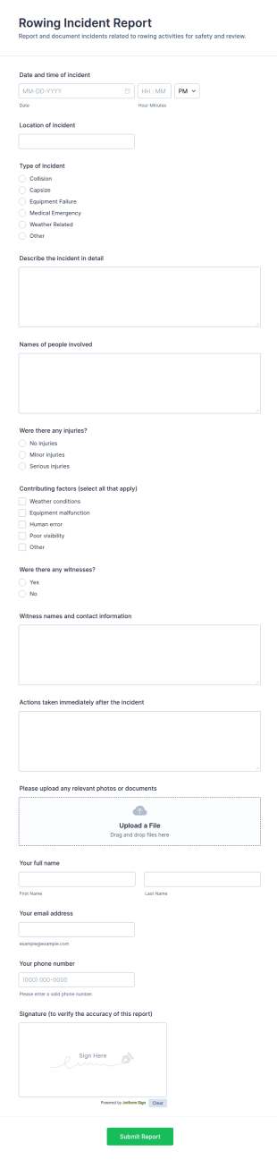 Rowing Incident Report Form Template