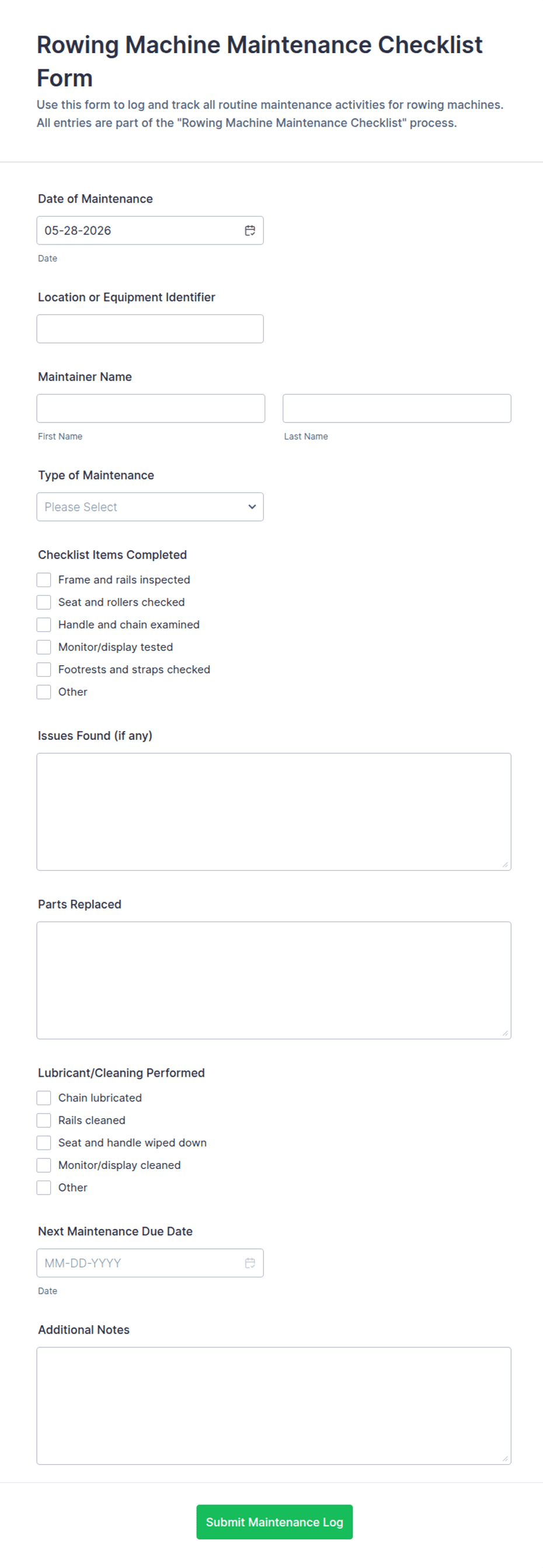 Rowing Machine Maintenance Checklist Form Template | Jotform