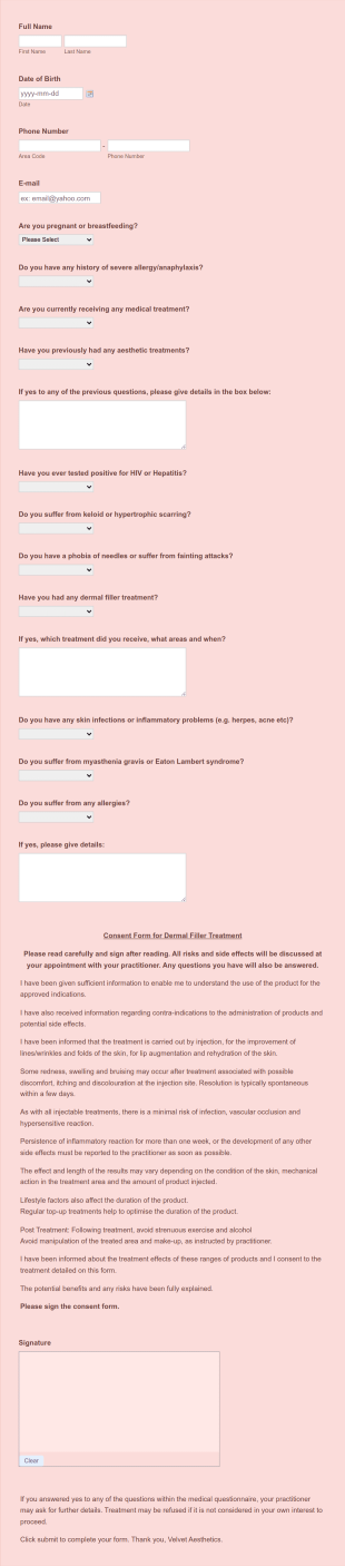 Roxy's Velvet Aesthetics Consent &amp Medical Questionnaire Form Template