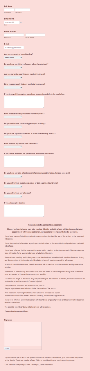 Roxy's Velvet Aesthetics Consent & Medical Questionnaire Form Template
