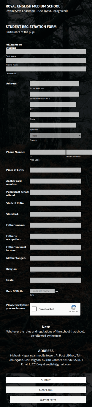 Royal English Medium School Registration Form Template
