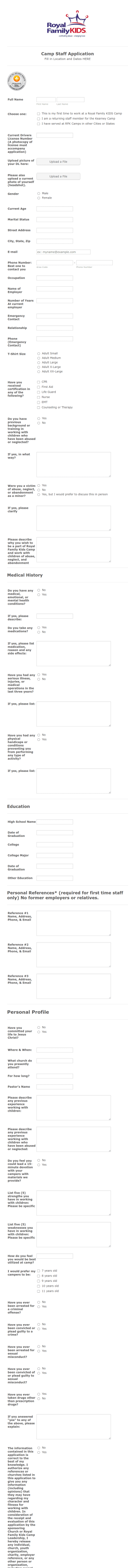 Royal Family Kids Camp Application Form Template