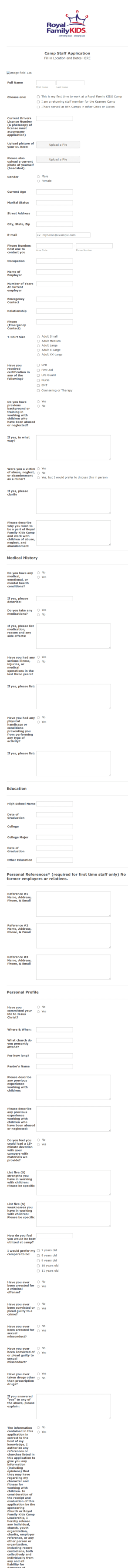 Royal Family Kids Camp Application Form Template