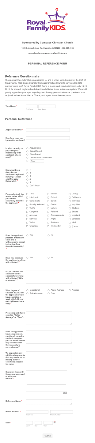 Royal Family KIDS' Camp Compass Reference Form Template