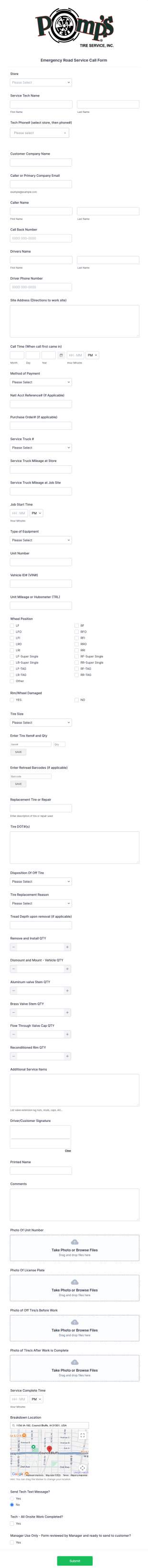 Emergency Road Service Call Form Template