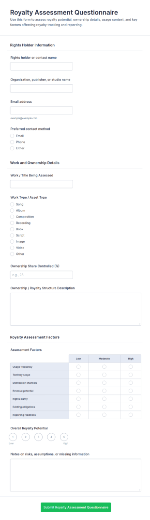 Royalty Assessment Questionnaire Form Template