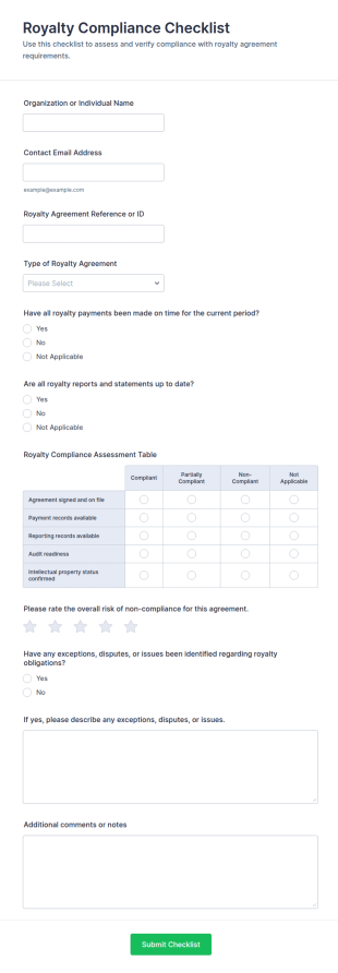 Royalty Compliance Checklist Form Template