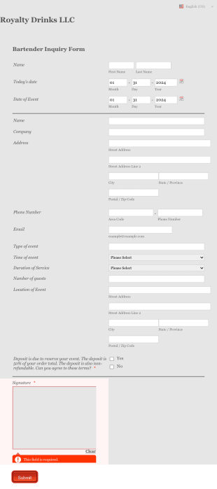 Royalty Inquiry Form Template