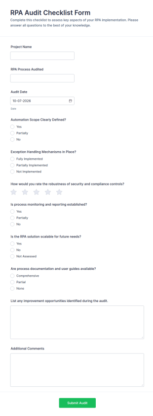 RPA Audit Checklist Form Template