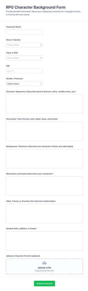 RPG Character Background Form Template