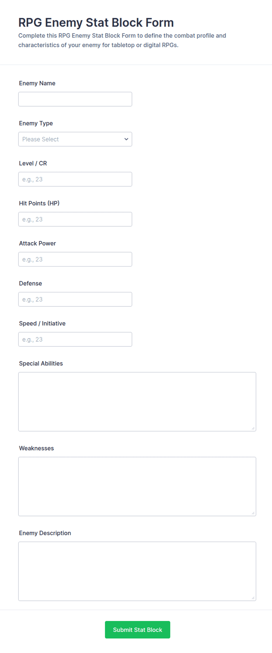 RPG Enemy Stat Block Form Template | Jotform