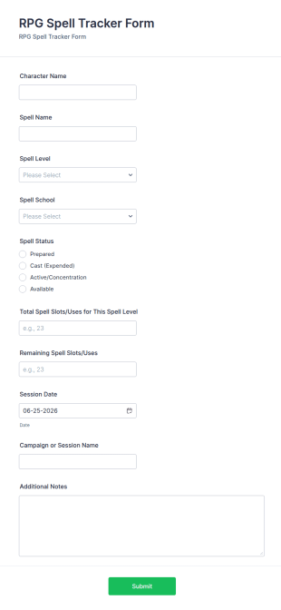 RPG Spell Tracker Form Template