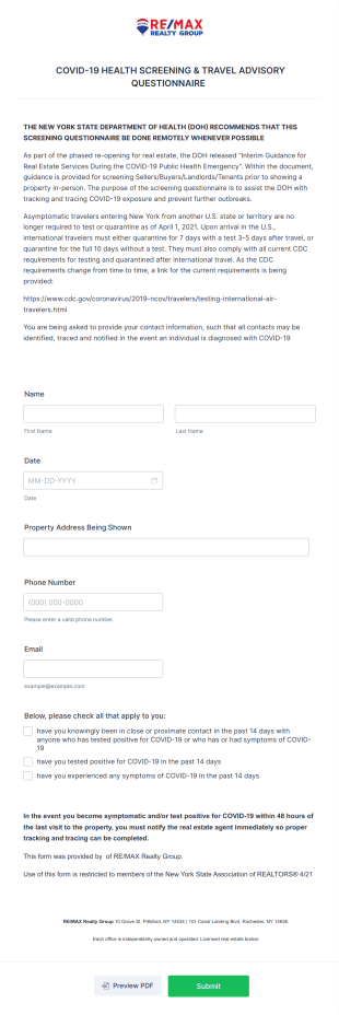 RRG SFL NYSAR COVID 19 Health Travel Questionnaire 04 01 2021 Form Template
