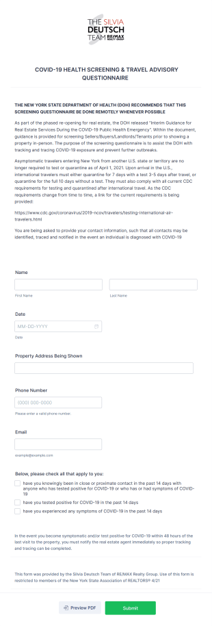 RRG Team SFL NYSAR COVID 19 Health Travel Questionnaire 04 01 2021 Form Template