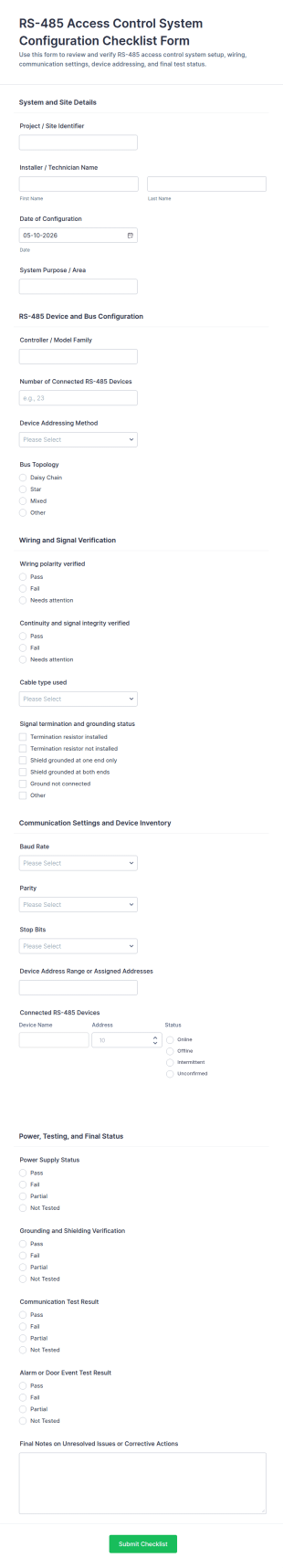 RS 485 Access Control System Configuration Checklist Form Template