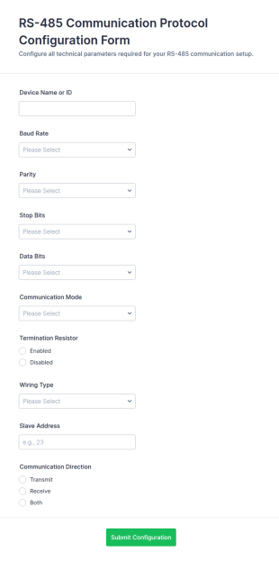 RS 485 Communication Protocol Configuration Form Template
