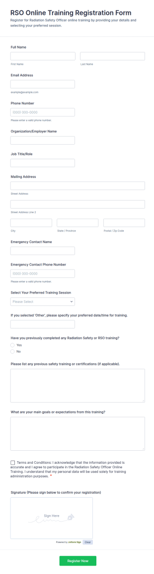 RSO Online Training Registration Form Template