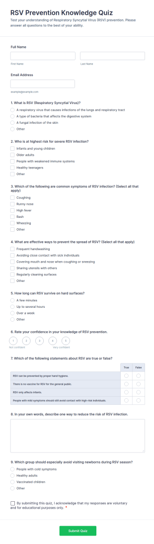 RSV Prevention Knowledge Quiz Form Template