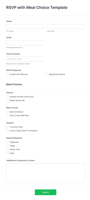 RSVP With Meal Choice Template Form Template