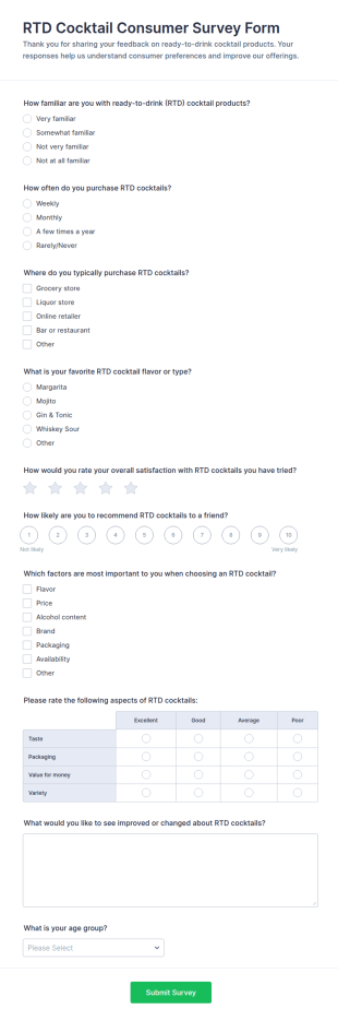 RTD Cocktail Consumer Survey Form Template