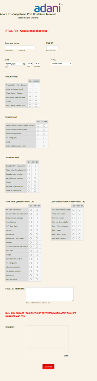 Container Terminal Equipment Inspection Checklist Form Template