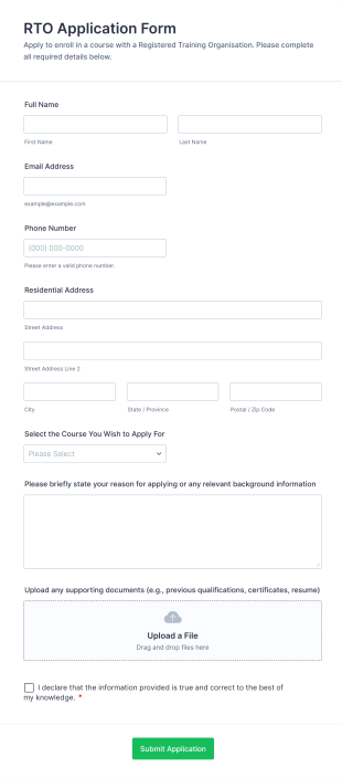 RTO Application Form Form Template