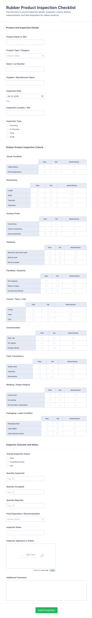 Rubber Product Inspection Checklist Form Template