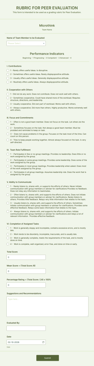 Peer Evaluation Rubric Form Template
