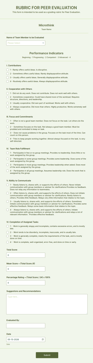 Peer Evaluation Rubric Form Template