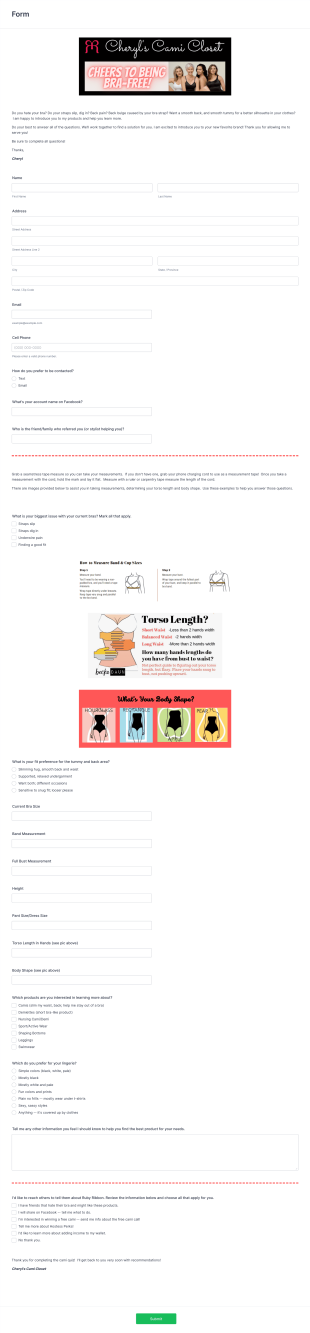 Ruby Ribbon Sizing Form (Newberry) Form Template