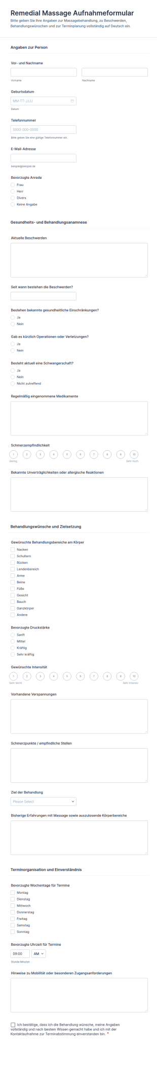 Rückbildungs Massage Aufnahmeformular