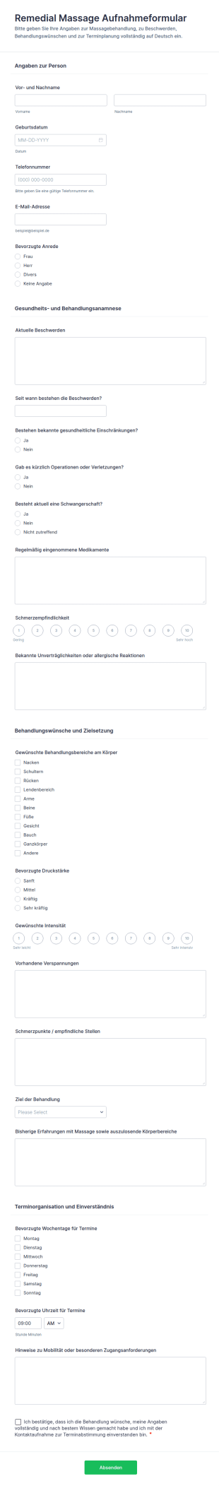 Rückbildungs Massage Aufnahmeformular