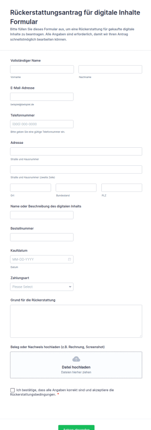 Rückerstattungsantrag Für Digitale Inhalte Formular