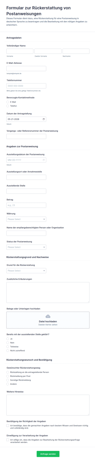 Rückerstattungsantrag Für Geldbestellung Formular