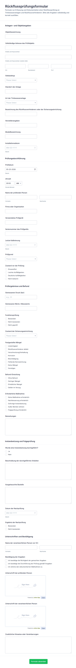 Rückfluss Testformular
