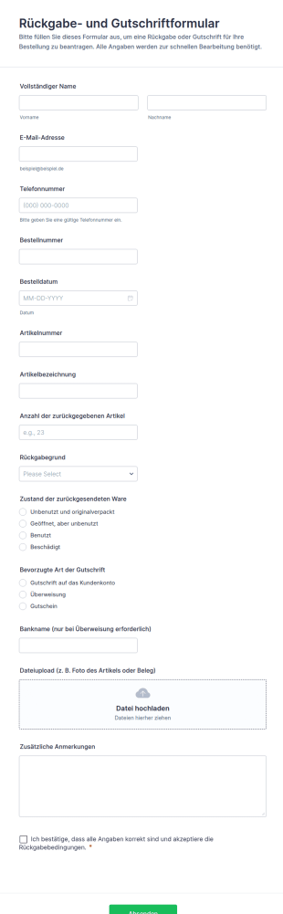 Rückgabe Und Gutschriftenformular