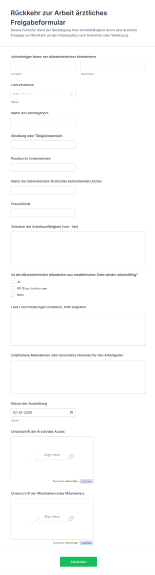 Rückkehr Zur Arbeit ärztliches Freigabeformular