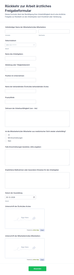 Rückkehr Zur Arbeit ärztliches Freigabeformular
