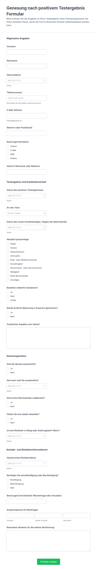Rückmeldung Nach Positivem Testergebnis Formular